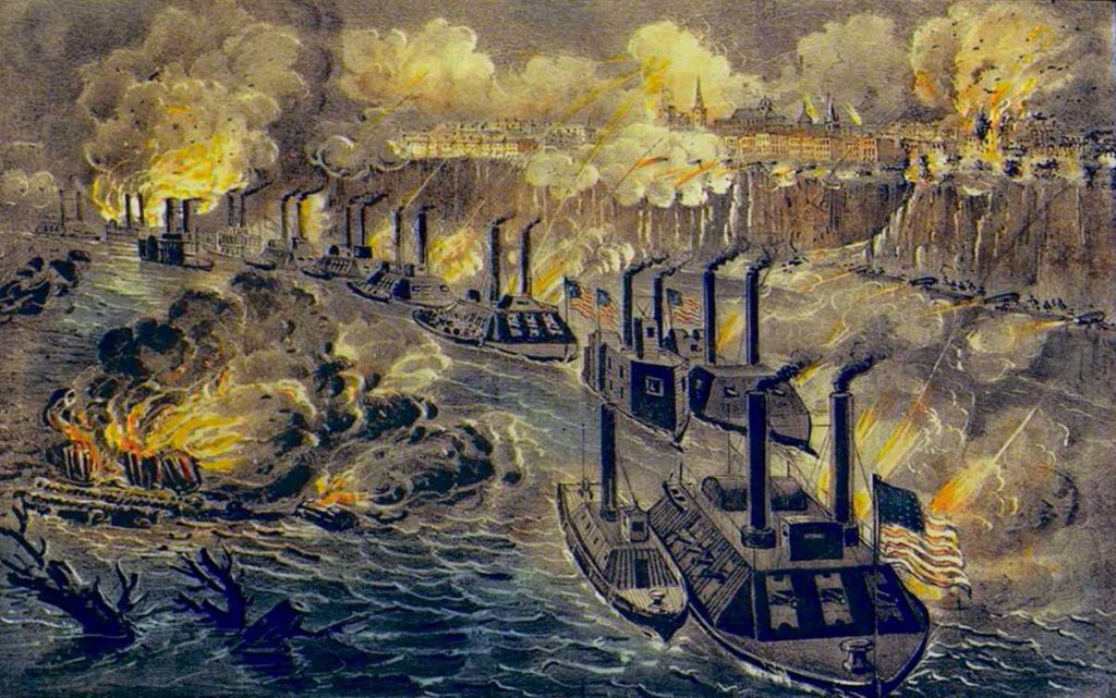 Admiral Porter's Fleet Running the Rebel Blockade of the Mississippi at Vicksburg, 16 April 1863